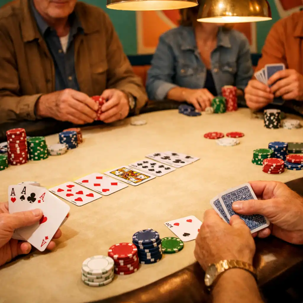 A poker table in the Lucky Card Parlour card lounge with cards and chips