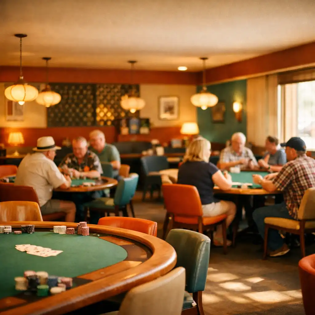 Bright retro card lounge with poker tables and people chatting