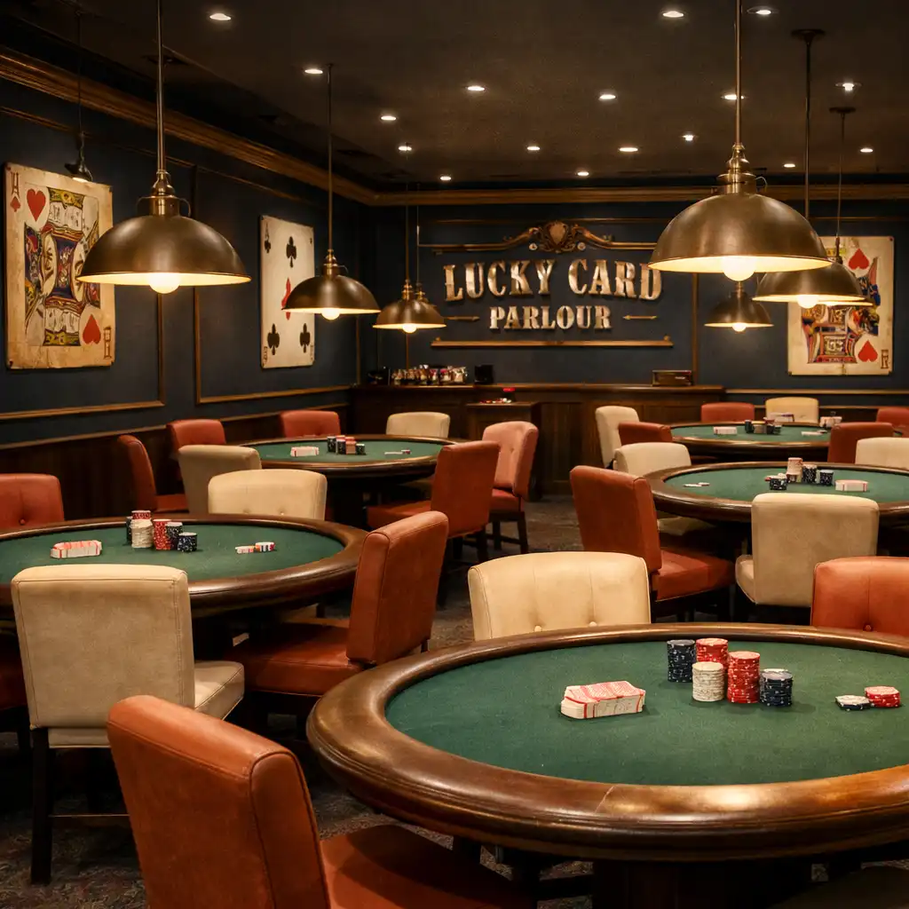 The card parlour at Lucky Card Parlour with round poker tables, terracotta chairs, and warm pendant lights