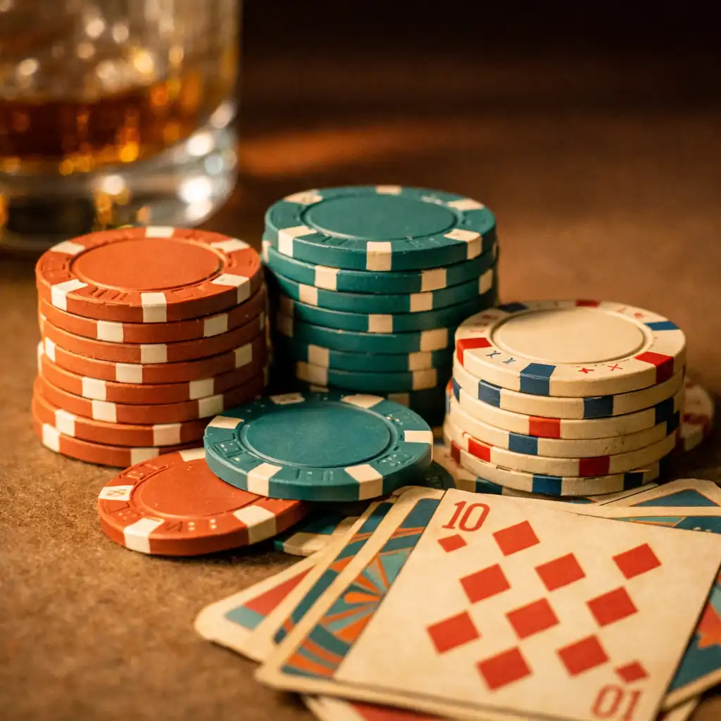 Close-up of poker chips and playing cards on a table