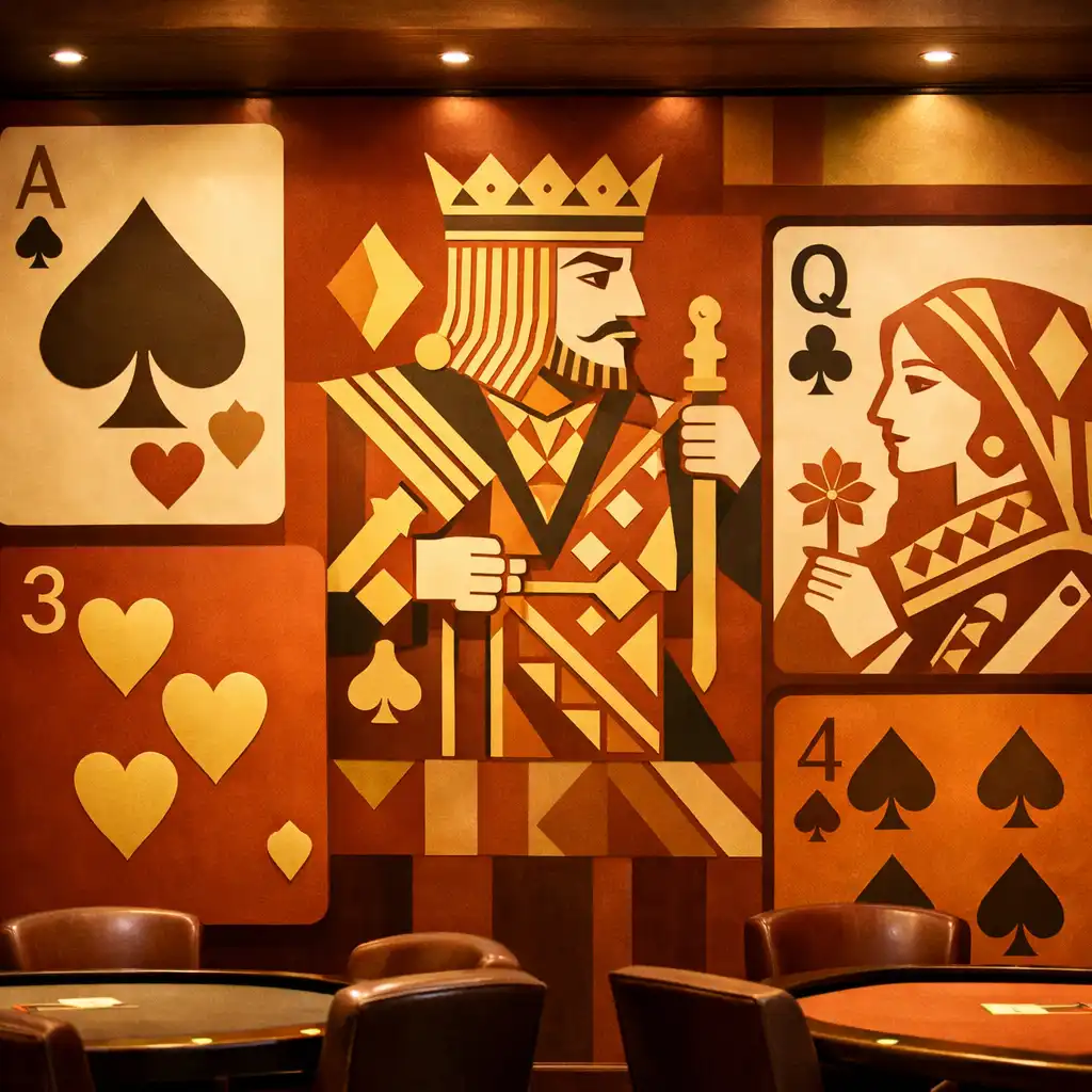 A feature wall adorned with oversized playing card designs in terracotta and gold