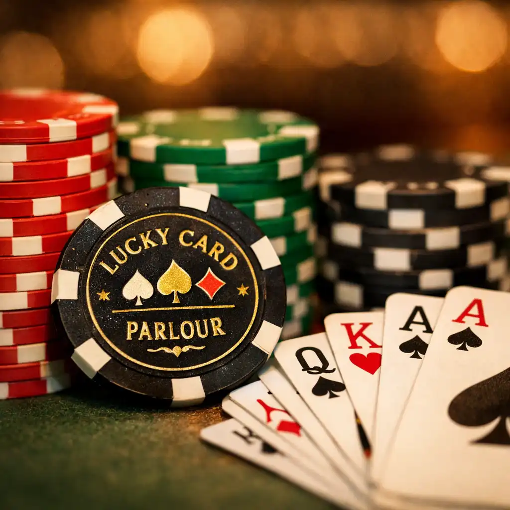 Close-up of poker chips and playing cards on a table with the venue's logo subtly visible