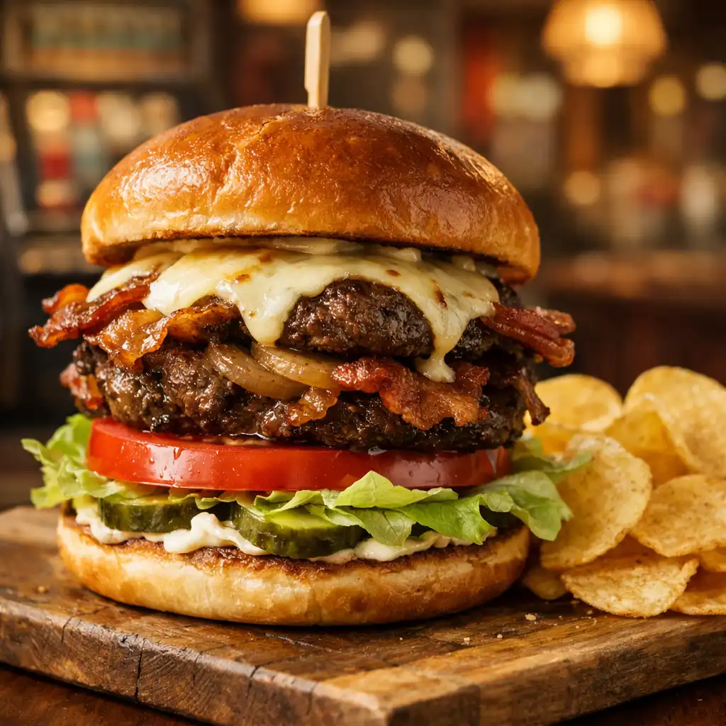 The Parlour Burger stacked high with fresh ingredients on a wooden board