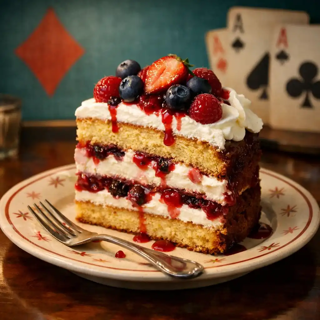 A decadent layered dessert with cream and berries on a retro-style plate