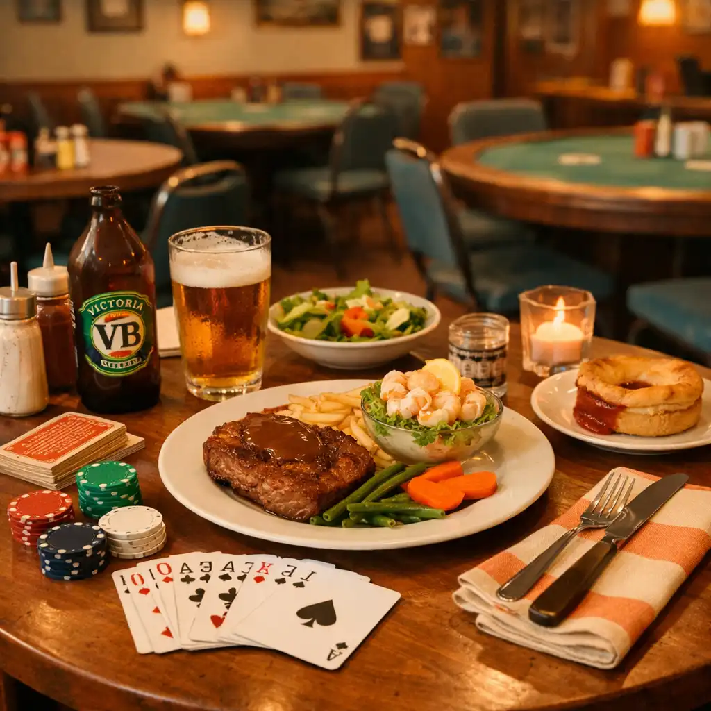 A warm dining table set with a meal and playing cards inside the retro clubhouse