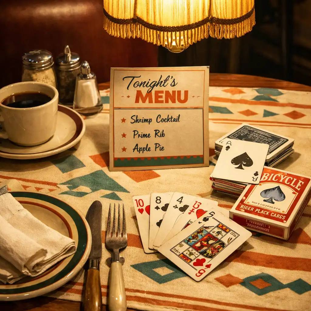 Close-up of a retro dining table with vintage tableware, a deck of cards, and a menu