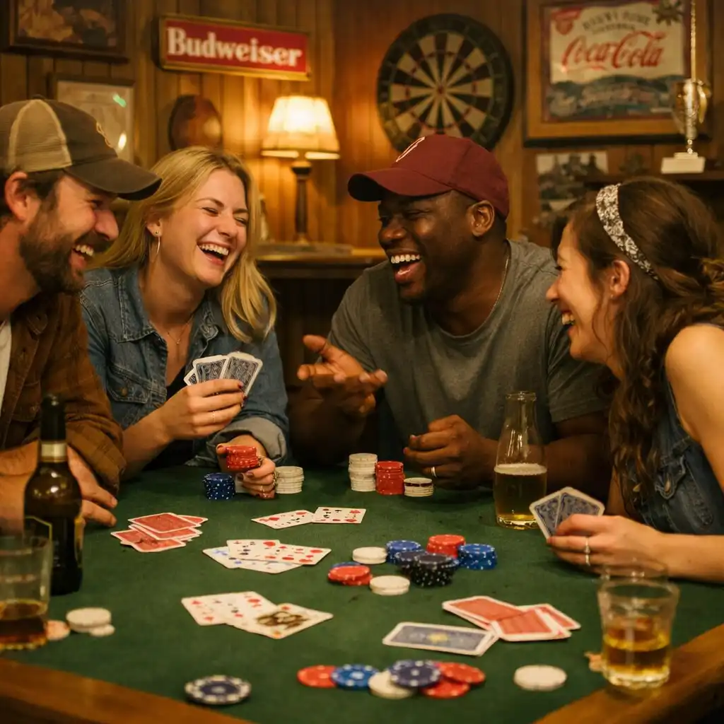 Friends sharing a meal at a table with playing cards and physical chips, laughing together in the clubhouse