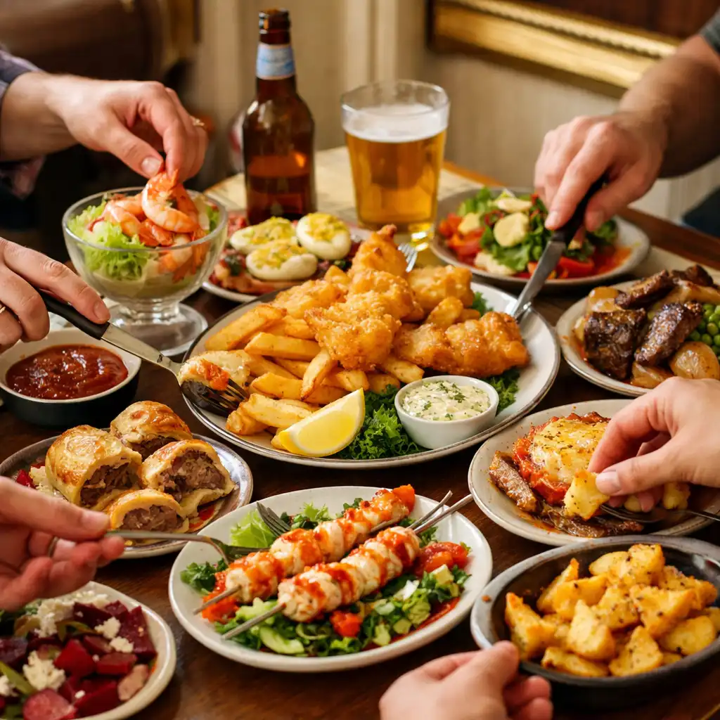 Friends gather around a table filled with colourful shared plates, laughing and passing dishes