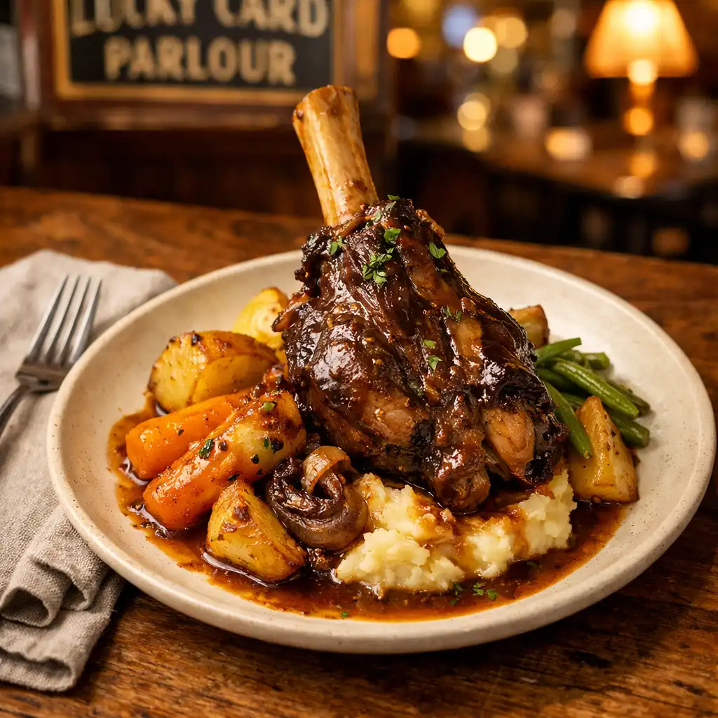 A hearty Australian dish of slow-cooked lamb shank with roasted vegetables on a cream plate