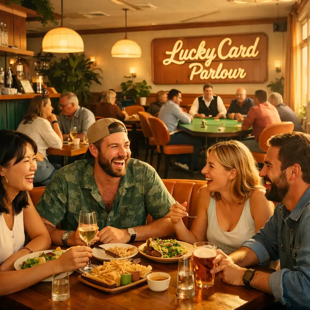 A lively dining area at Lucky Card Parlour with friends laughing over a meal and a poker table visible in the background
