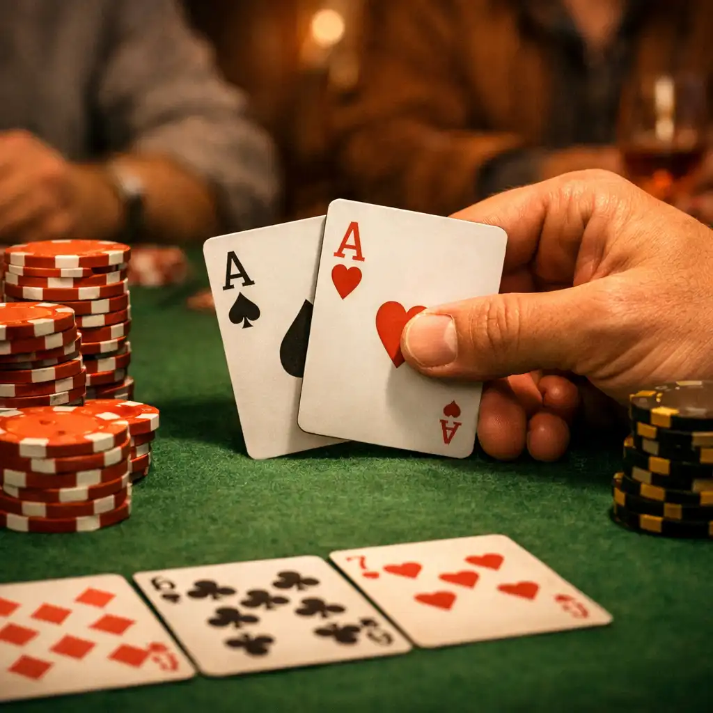Hands holding playing cards over a green felt poker table during a friendly game