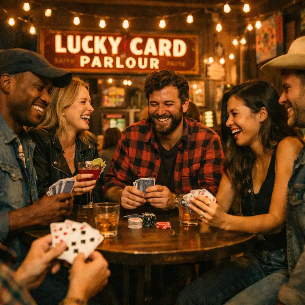 Friends gathered around a high table with cocktails and cards during a lively social evening