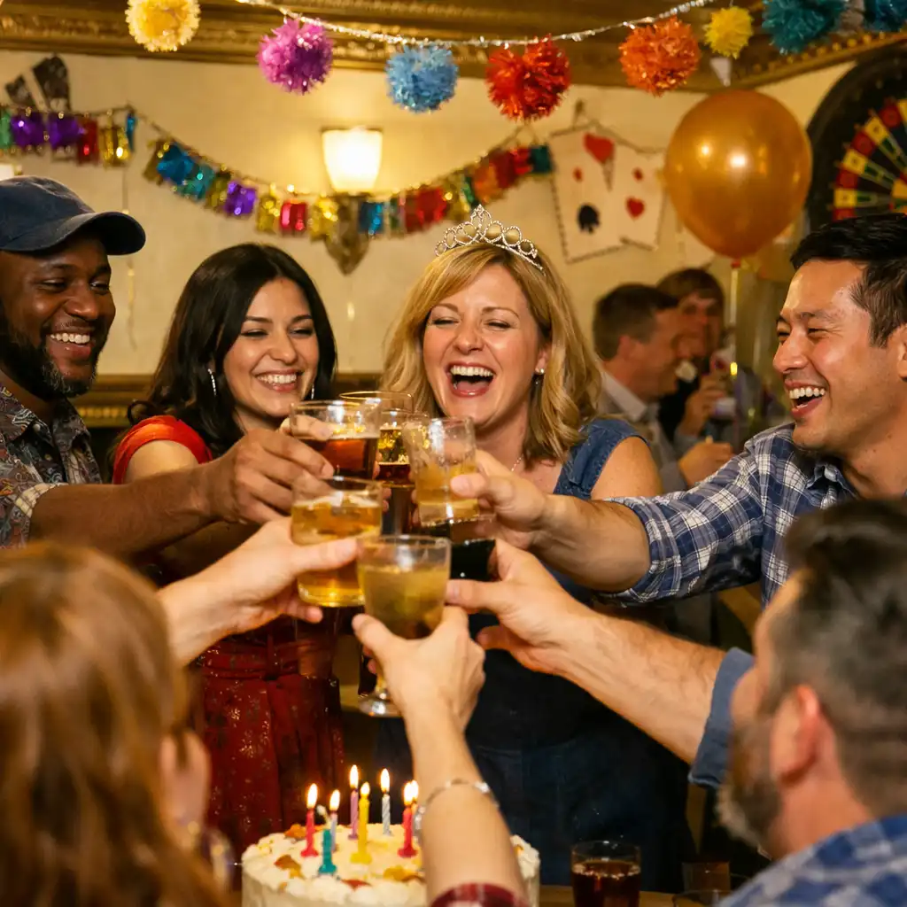 A group raises their glasses in a toast at a birthday celebration with colourful decorations