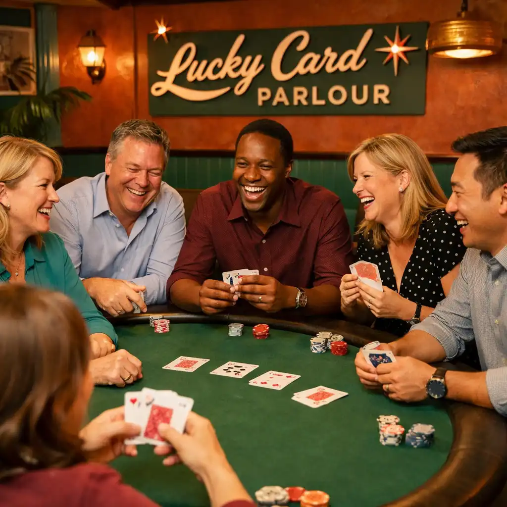 Colleagues enjoy a casual poker game after a team dinner, laughing together