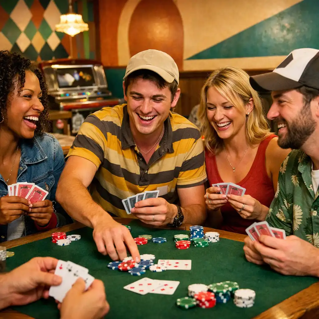 A group of friends playing cards at Lucky Card Parlour