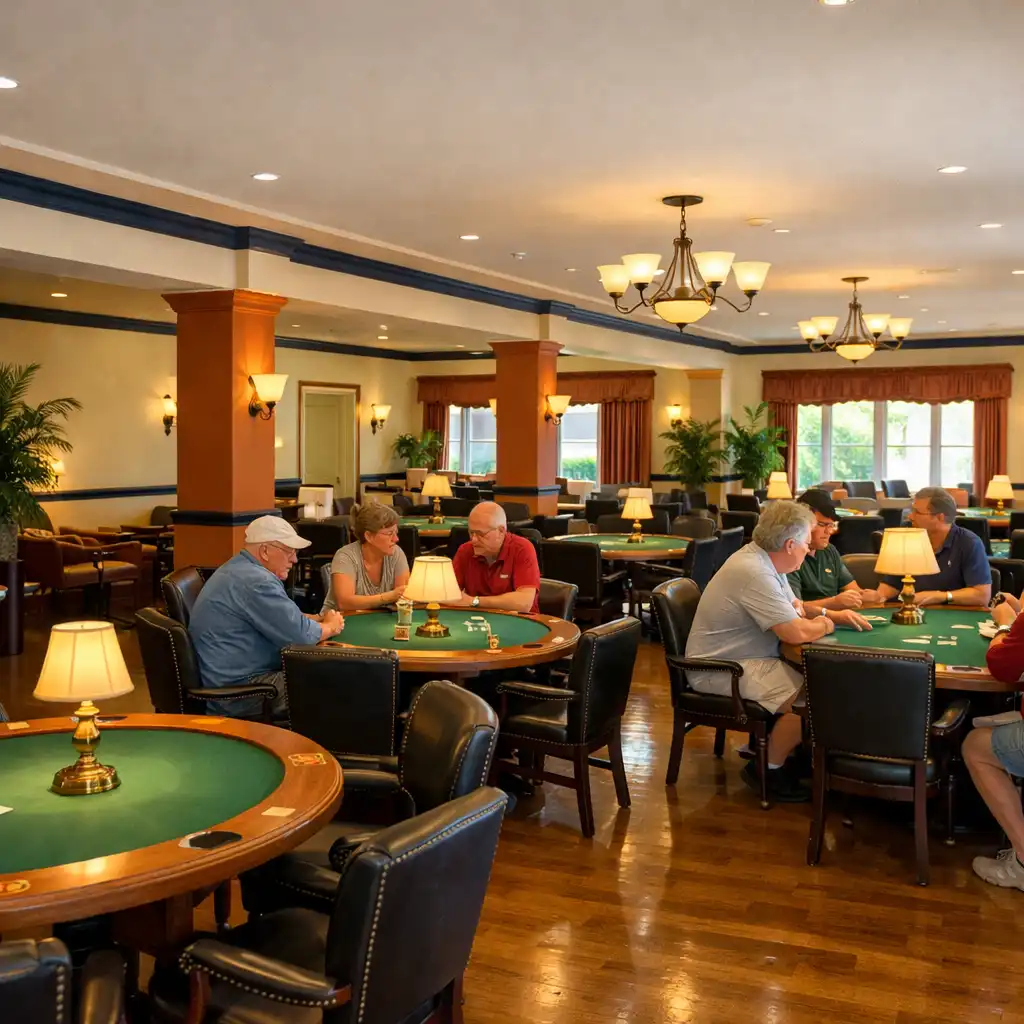 Wide view of the card lounge with multiple poker tables