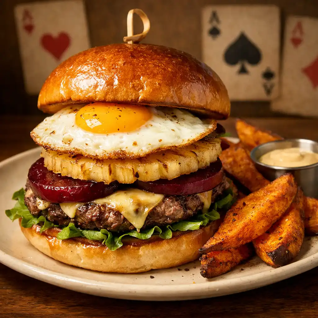 The Lucky Burger with beetroot, pineapple, and a fried egg served with sweet potato wedges
