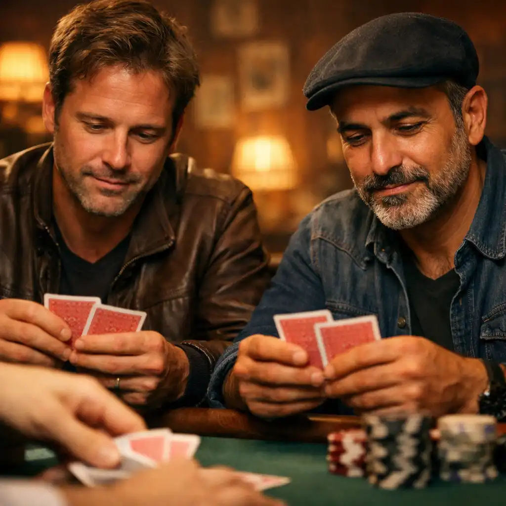 Two players concentrating on their cards at a poker table