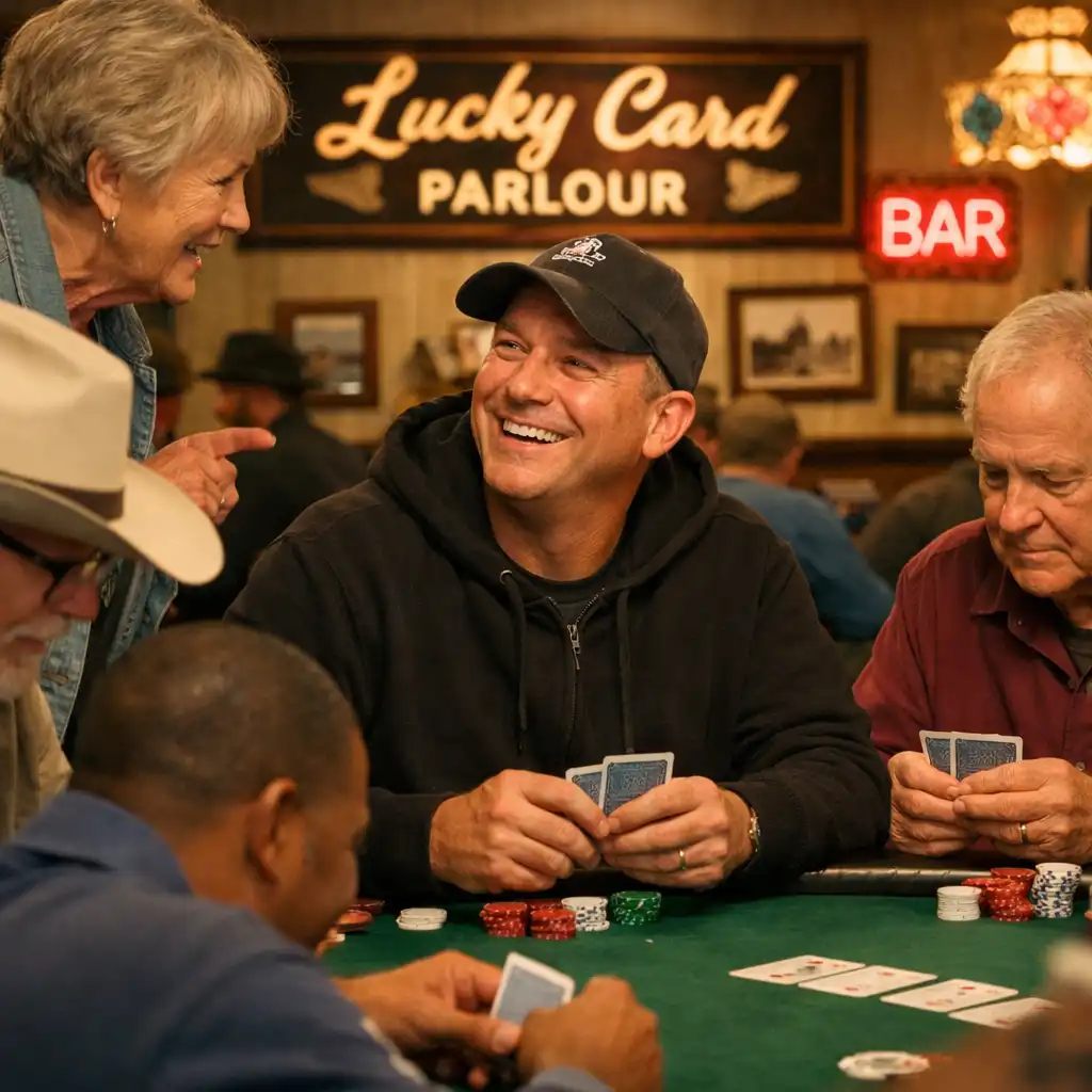 Players lean in to study their cards while a spectator offers a playful comment