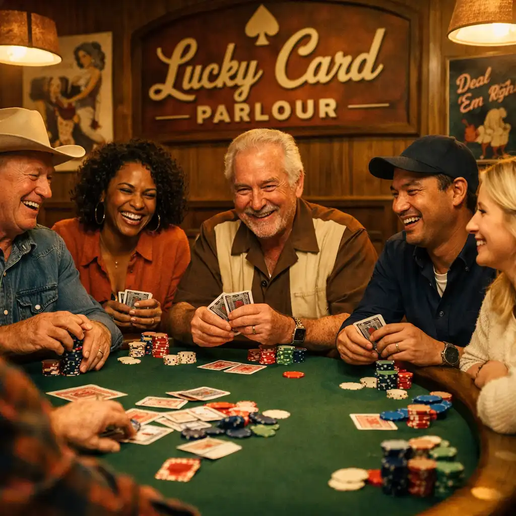 A lively poker table at Lucky Card Parlour with smiling players and warm retro lighting