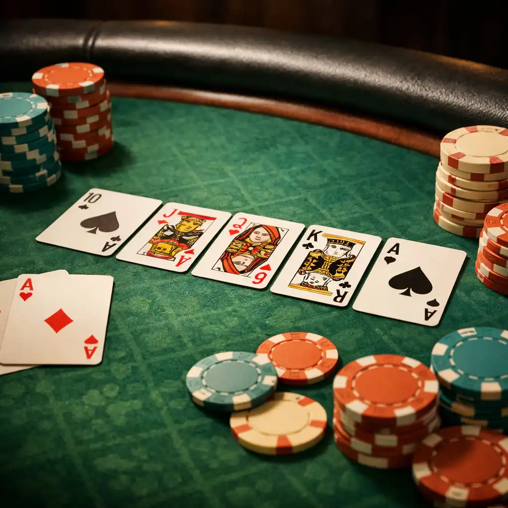 Close-up of a poker table with cards and colorful chips