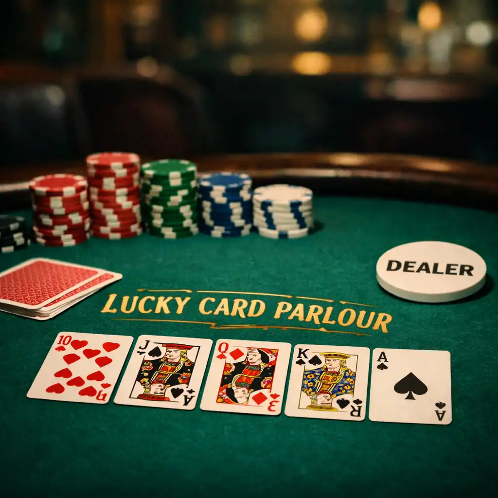 Close-up of a poker table with neatly arranged cards, chips, and dealer button