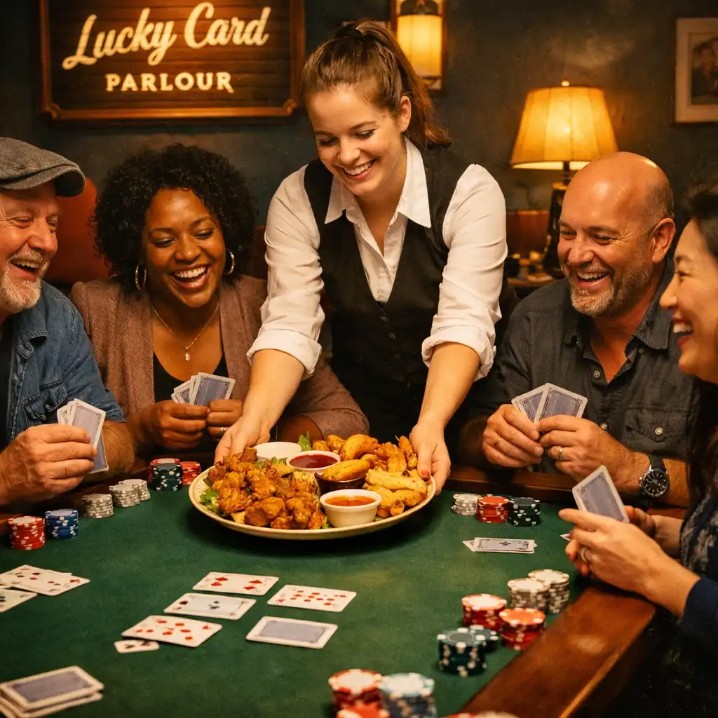 A private gathering at Lucky Card Parlour with guests laughing around a poker table while a server places shareable food
