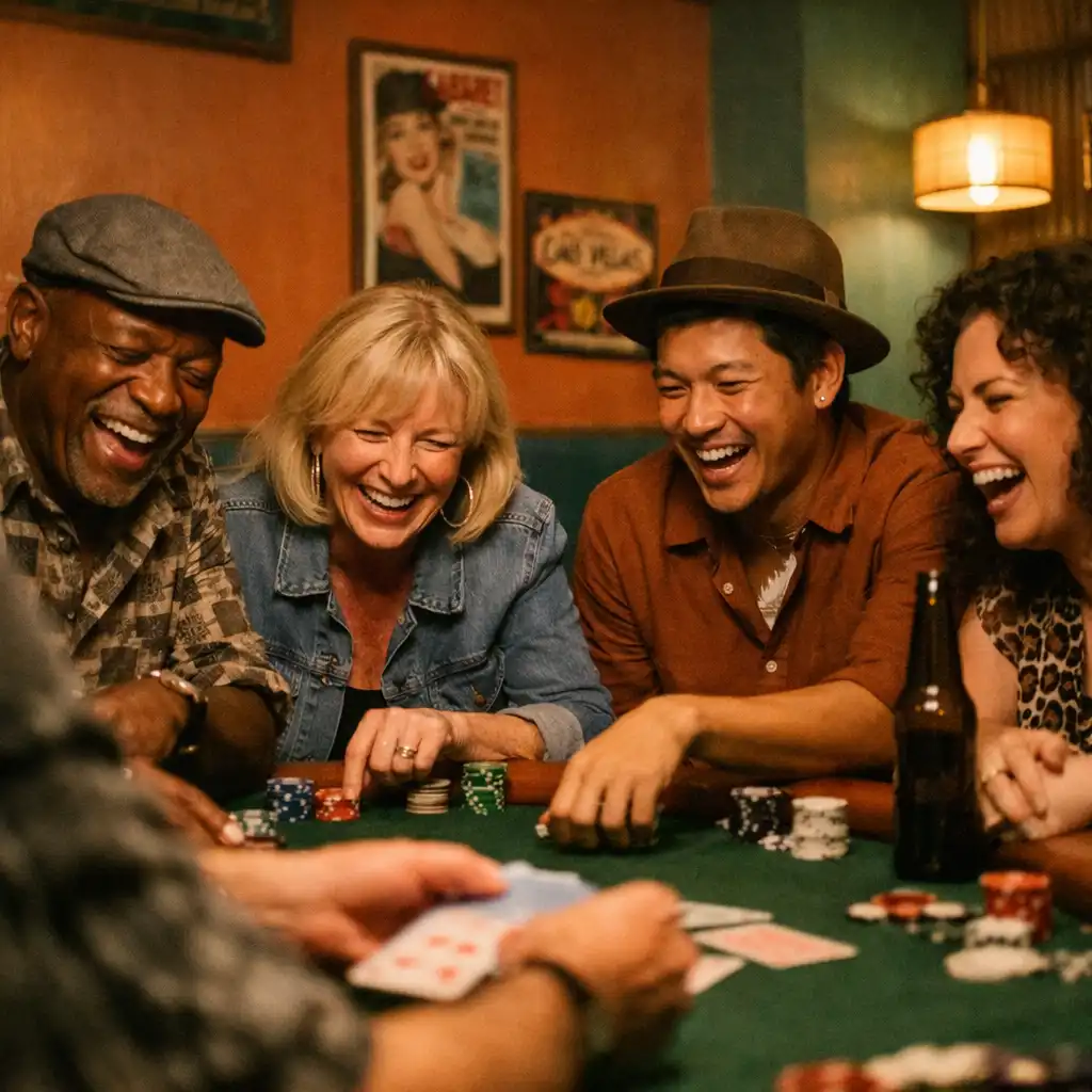 Group of people laughing and playing poker in a retro lounge